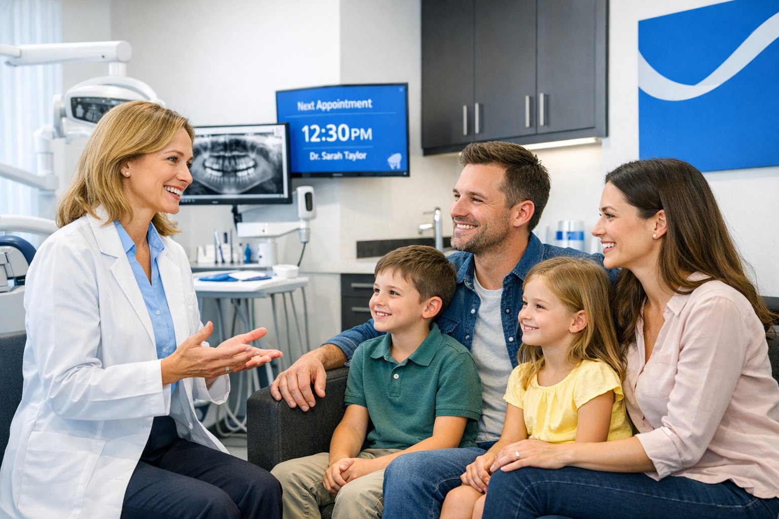 dentist consulting a family in a modern albany dental clinic